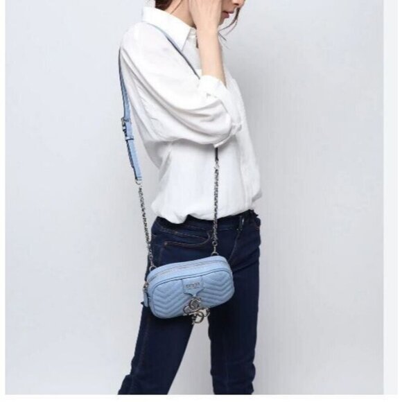 GUESS Violet quilted faux-leather small crossbody bag - Blue - Picture 1 of 7